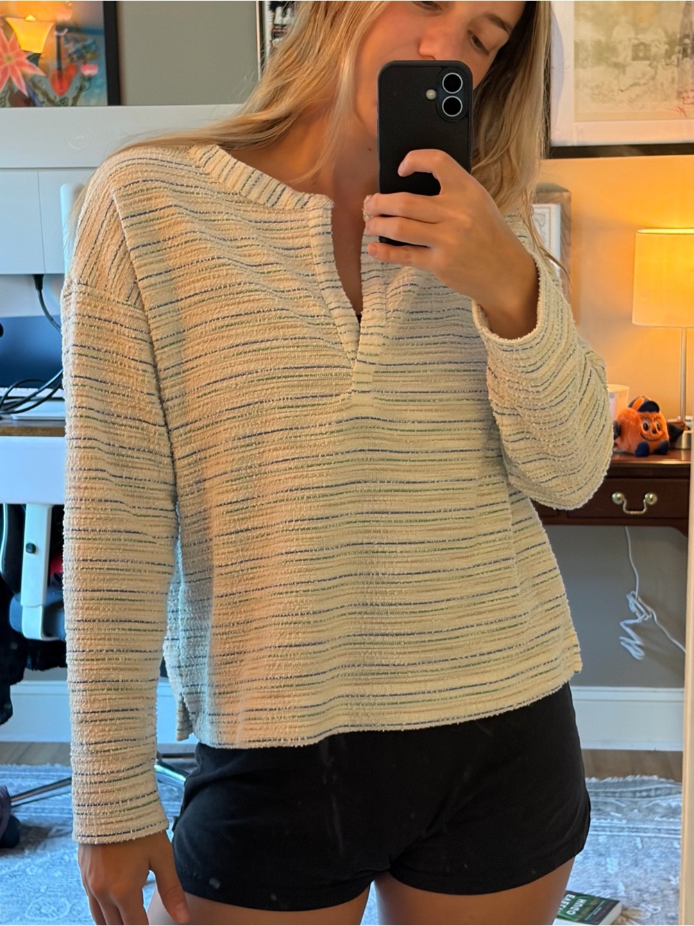 LOFT Cream Striped Long-Sleeve V-Notch Knit Top - Picture 1 of 6